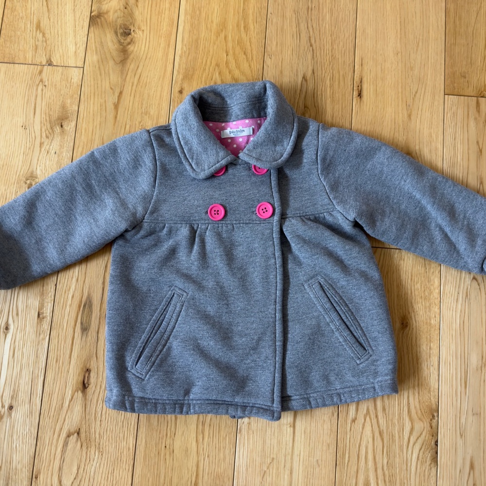 Mini Boden Gray Pea Coat with Pink Buttons